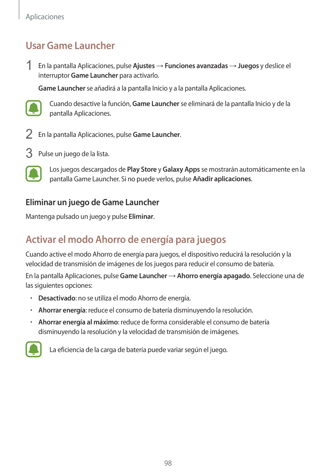 Samsung SM-G920FZKAPHE manual Usar Game Launcher, Activar el modo Ahorro de energía para juegos 