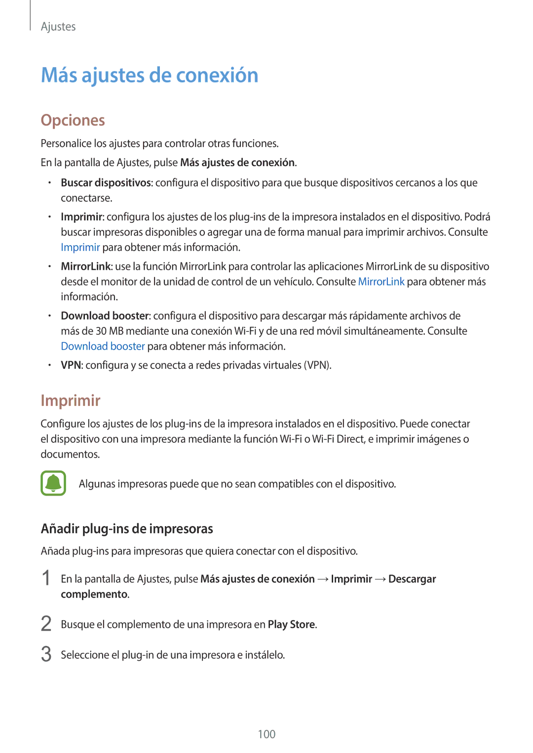 Samsung SM-G920FZKAPHE manual Más ajustes de conexión, Opciones, Imprimir, Añadir plug-ins de impresoras 