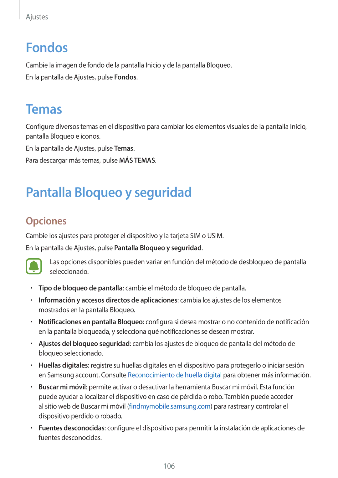 Samsung SM-G920FZKAPHE manual Fondos, Temas, Pantalla Bloqueo y seguridad 