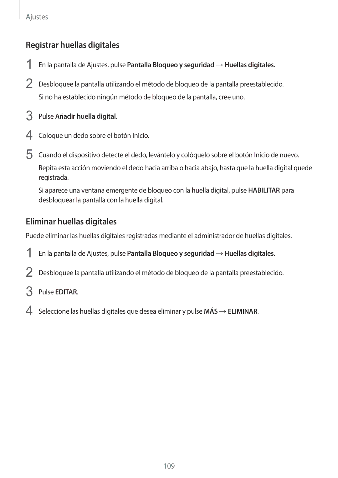 Samsung SM-G920FZKAPHE manual Registrar huellas digitales, Eliminar huellas digitales, Pulse Añadir huella digital 