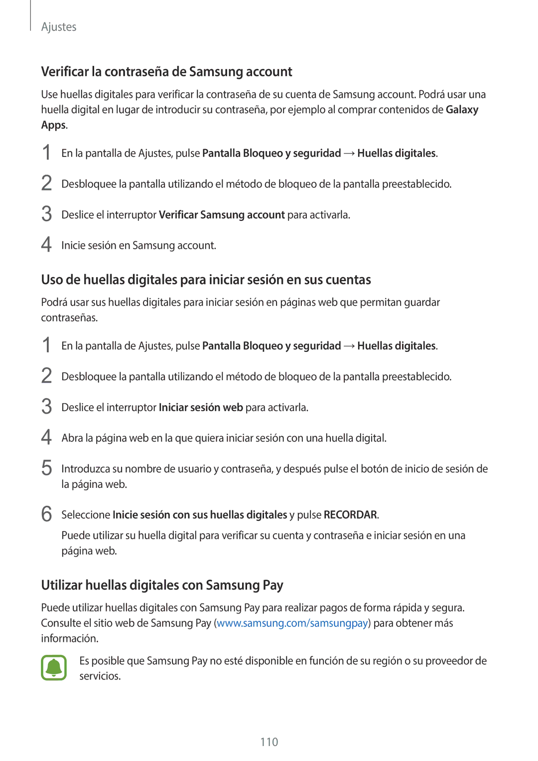 Samsung SM-G920FZKAPHE manual Verificar la contraseña de Samsung account, Utilizar huellas digitales con Samsung Pay 