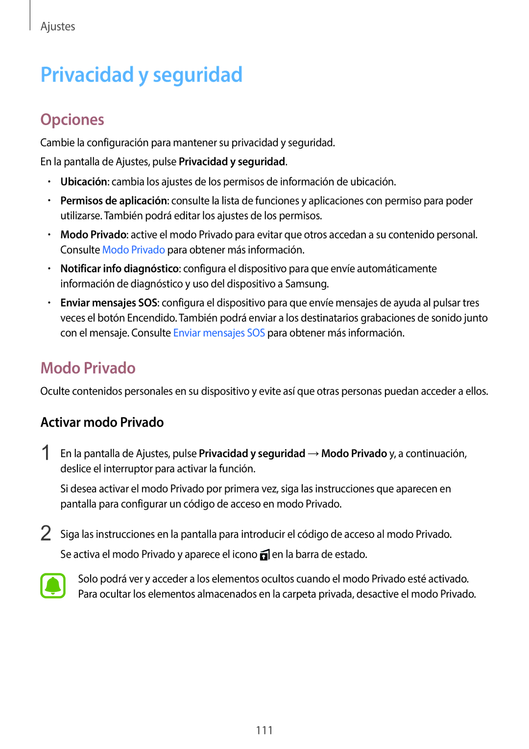 Samsung SM-G920FZKAPHE manual Privacidad y seguridad, Modo Privado, Activar modo Privado 