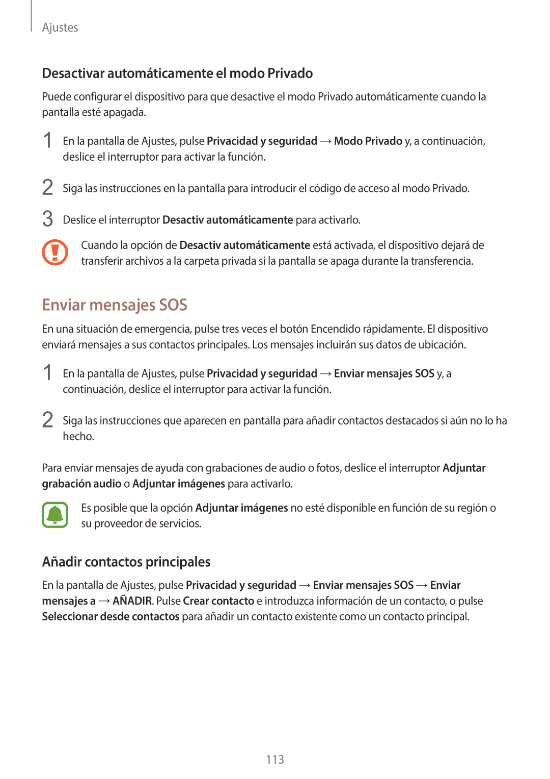 Samsung SM-G920FZKAPHE manual Enviar mensajes SOS, Desactivar automáticamente el modo Privado, Añadir contactos principales 