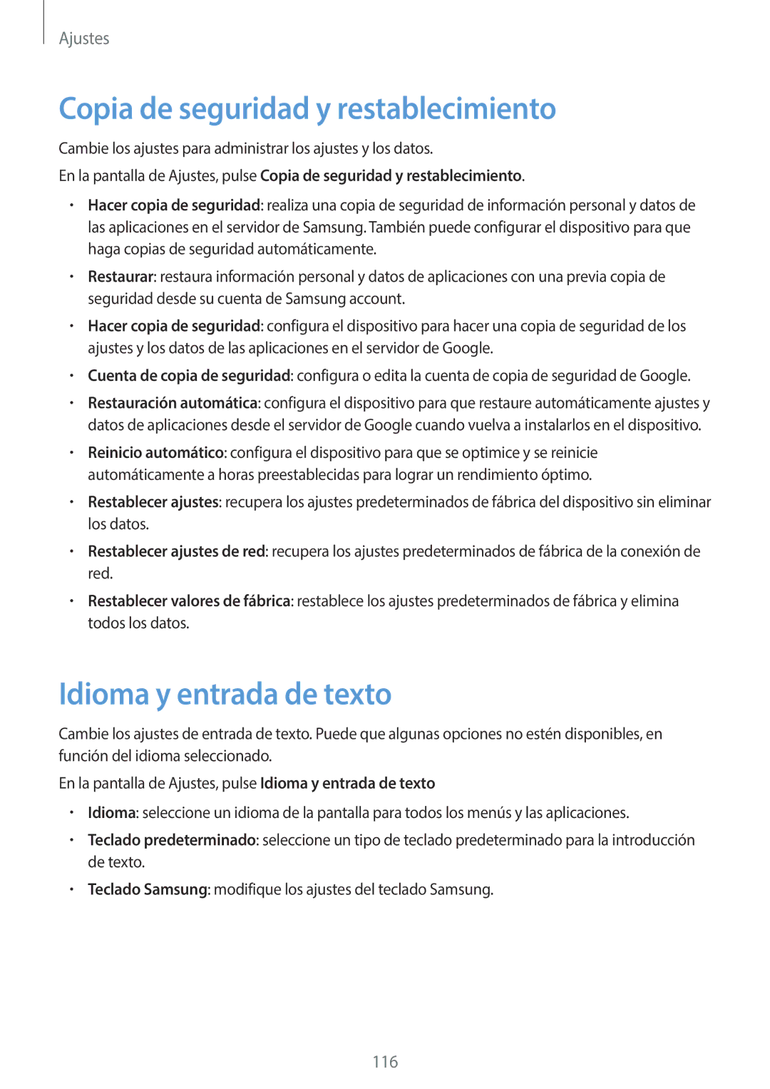 Samsung SM-G920FZKAPHE manual Copia de seguridad y restablecimiento, Idioma y entrada de texto 