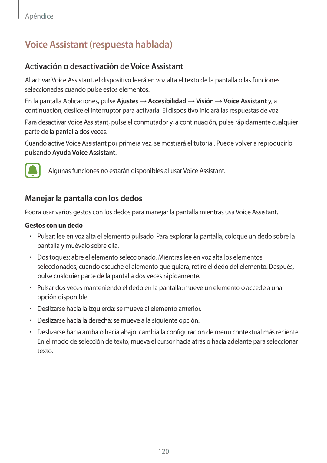 Samsung SM-G920FZKAPHE manual Voice Assistant respuesta hablada, Activación o desactivación de Voice Assistant 