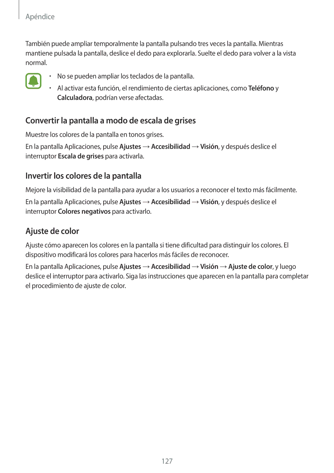 Samsung SM-G920FZKAPHE manual Convertir la pantalla a modo de escala de grises, Invertir los colores de la pantalla 