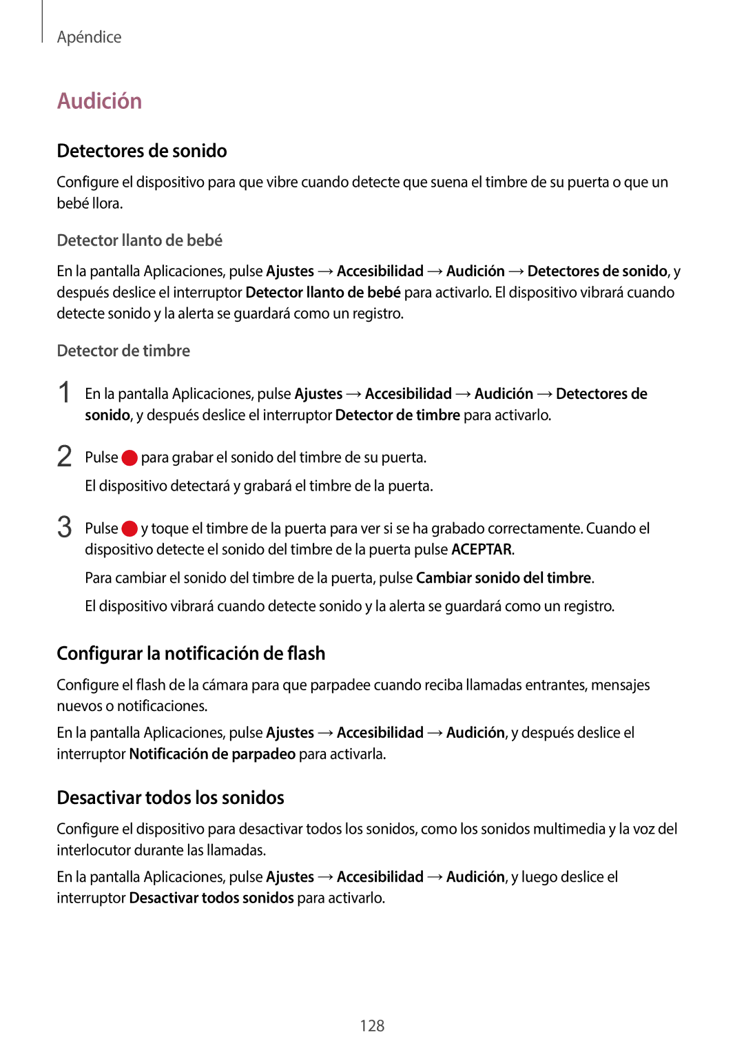 Samsung SM-G920FZKAPHE Audición, Detectores de sonido, Configurar la notificación de flash, Desactivar todos los sonidos 