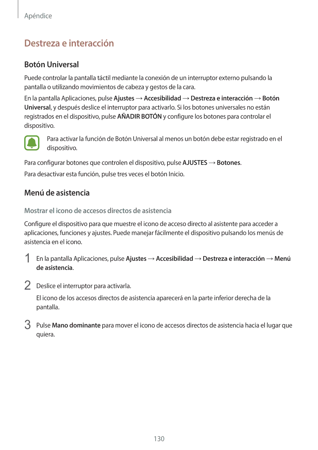 Samsung SM-G920FZKAPHE manual Destreza e interacción, Botón Universal, Menú de asistencia 