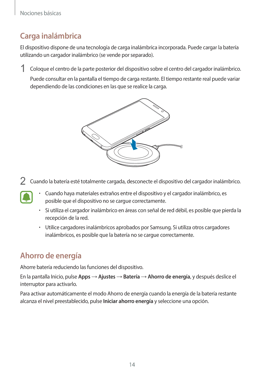 Samsung SM-G920FZKAPHE manual Carga inalámbrica, Ahorro de energía 