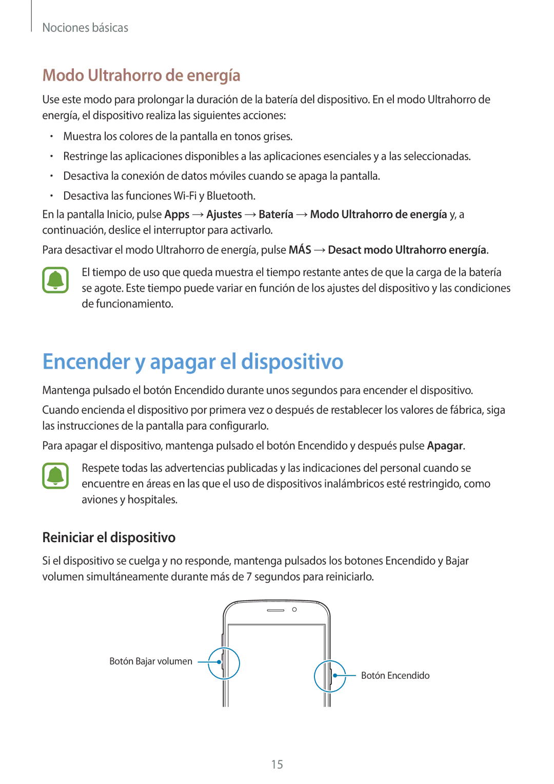 Samsung SM-G920FZKAPHE manual Encender y apagar el dispositivo, Modo Ultrahorro de energía, Reiniciar el dispositivo 