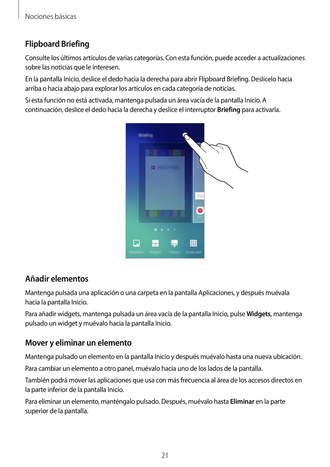 Samsung SM-G920FZKAPHE manual Flipboard Briefing, Añadir elementos, Mover y eliminar un elemento 