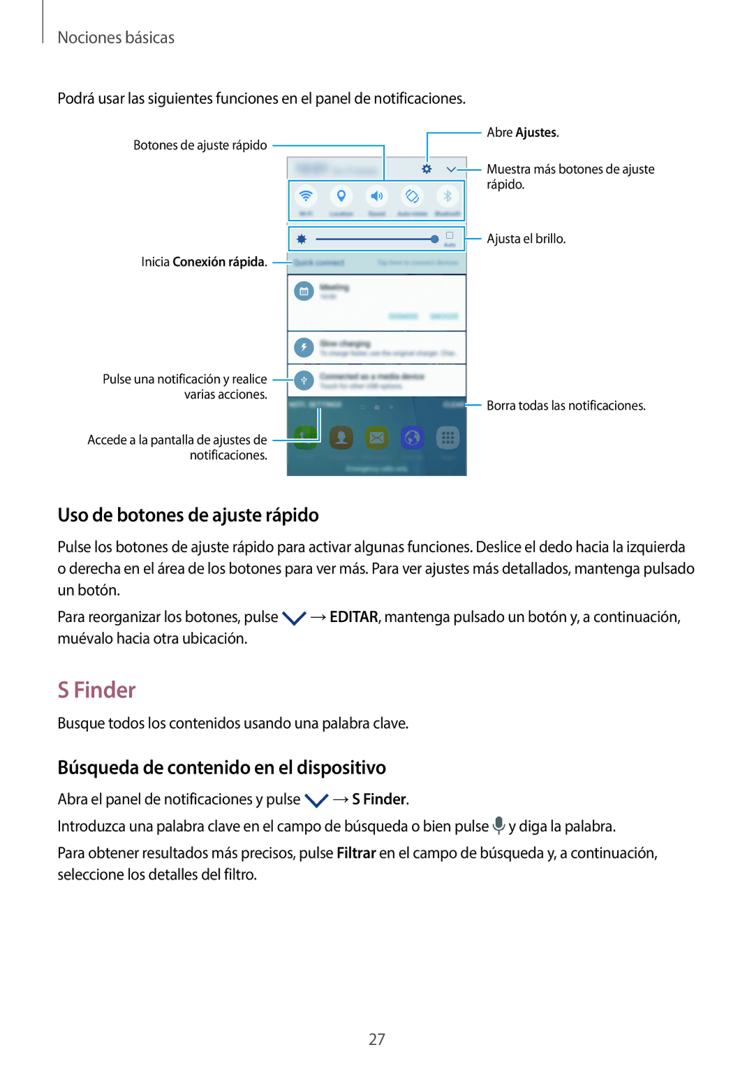 Samsung SM-G920FZKAPHE manual Finder, Uso de botones de ajuste rápido, Búsqueda de contenido en el dispositivo 