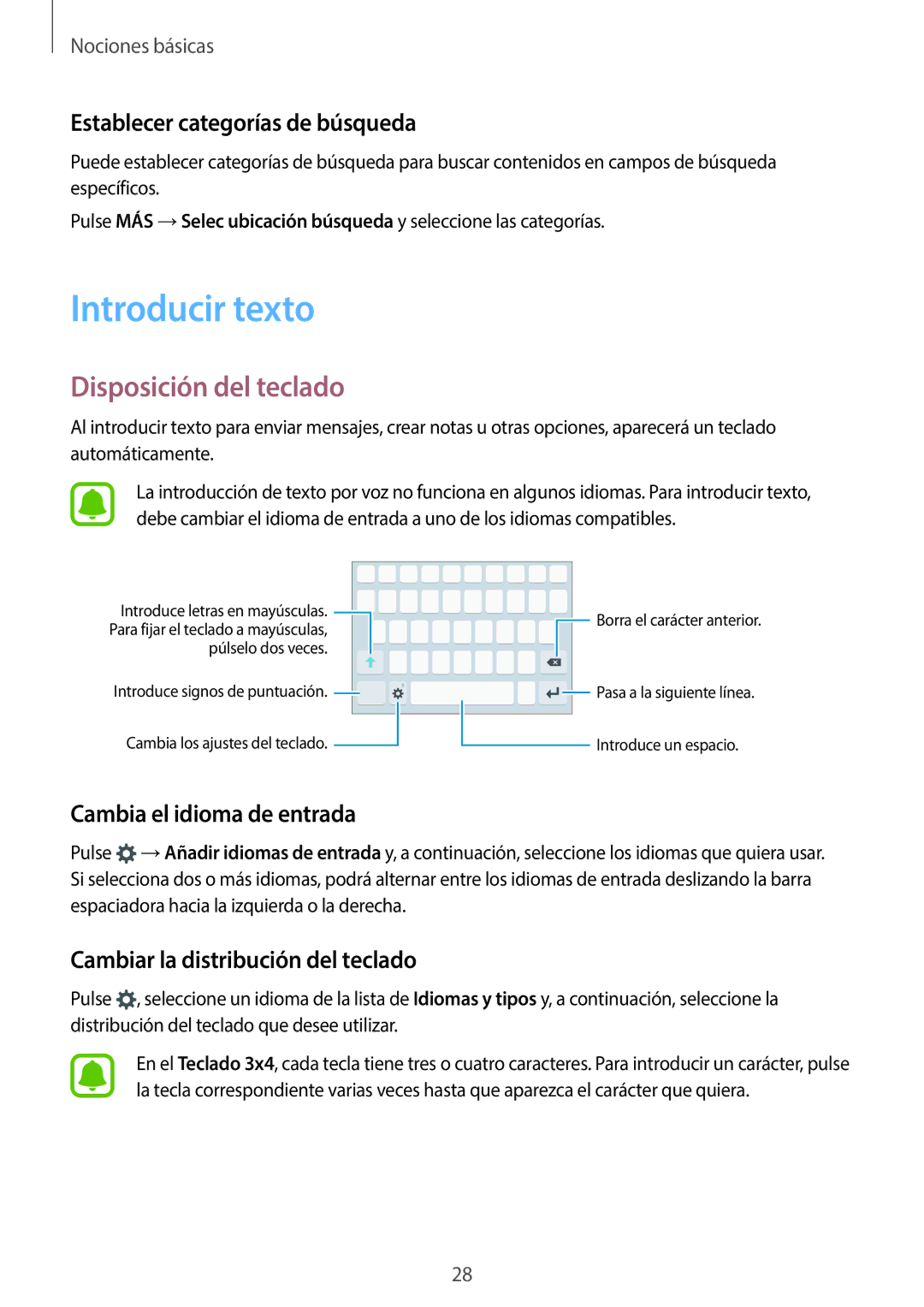 Samsung SM-G920FZKAPHE manual Introducir texto, Disposición del teclado, Establecer categorías de búsqueda 