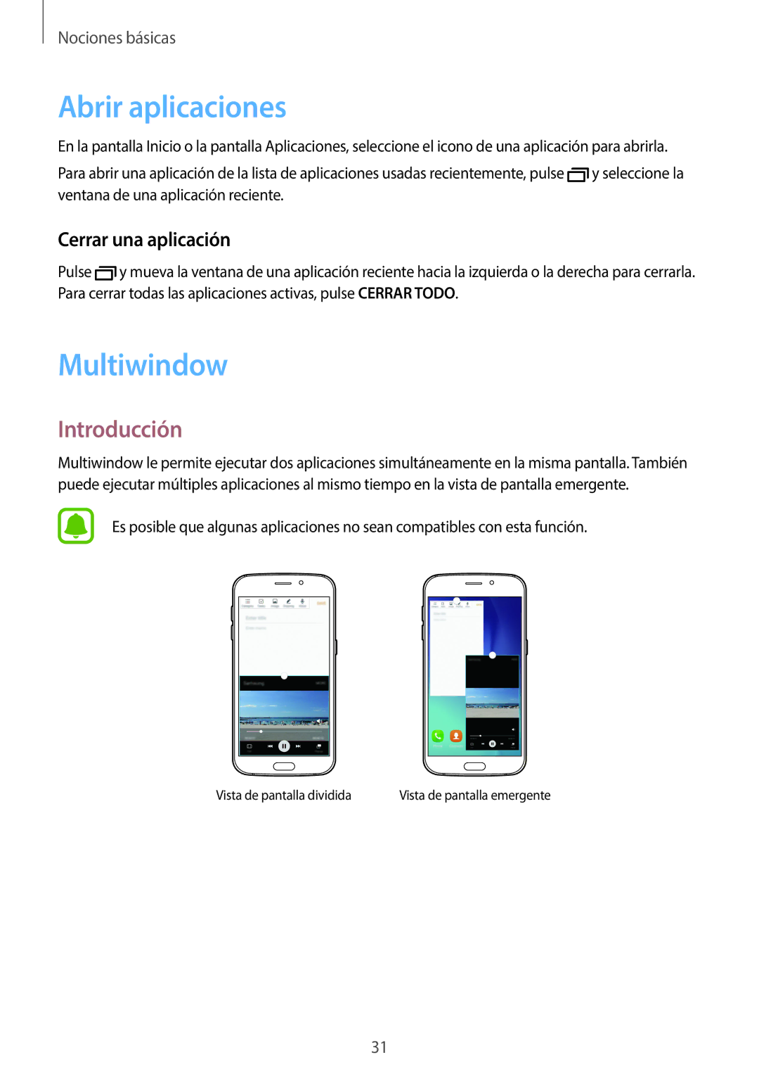 Samsung SM-G920FZKAPHE manual Abrir aplicaciones, Multiwindow, Introducción, Cerrar una aplicación 