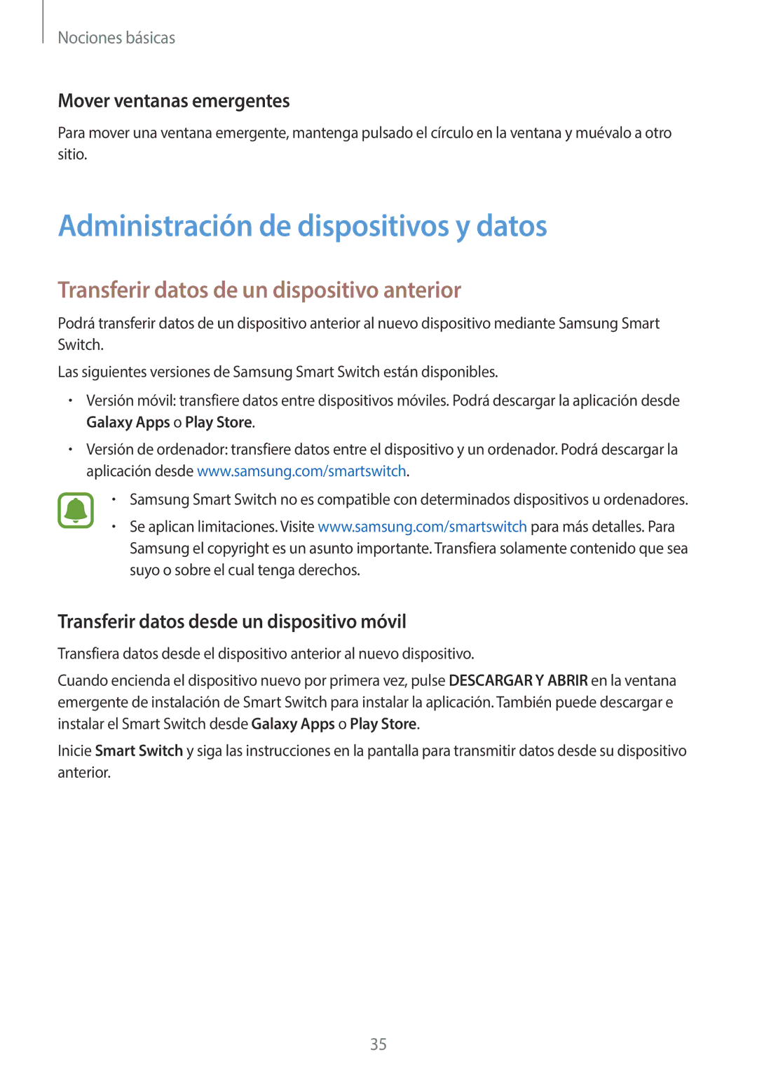 Samsung SM-G920FZKAPHE manual Administración de dispositivos y datos, Transferir datos de un dispositivo anterior 