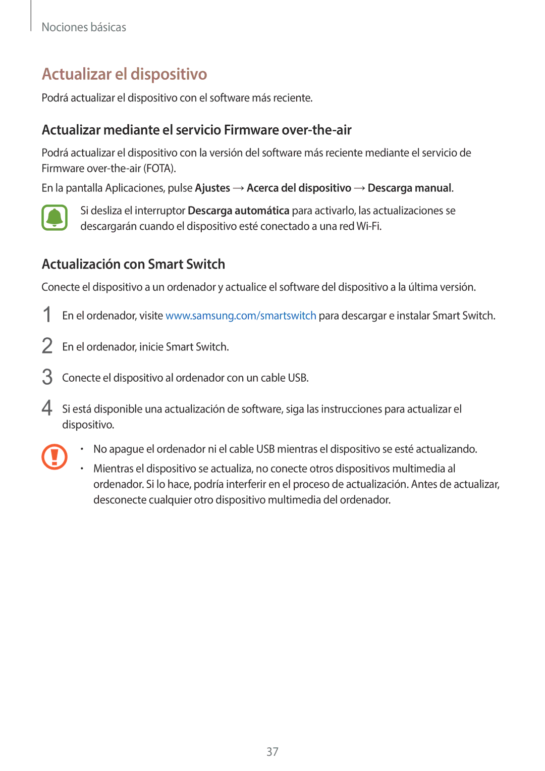 Samsung SM-G920FZKAPHE manual Actualizar el dispositivo, Actualizar mediante el servicio Firmware over-the-air 