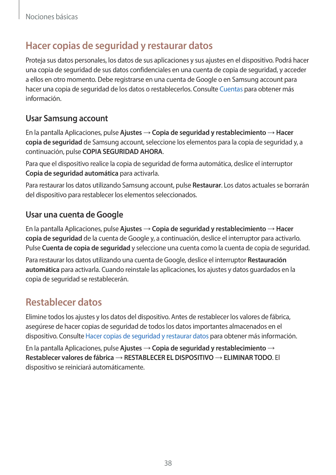 Samsung SM-G920FZKAPHE manual Hacer copias de seguridad y restaurar datos, Restablecer datos, Usar Samsung account 