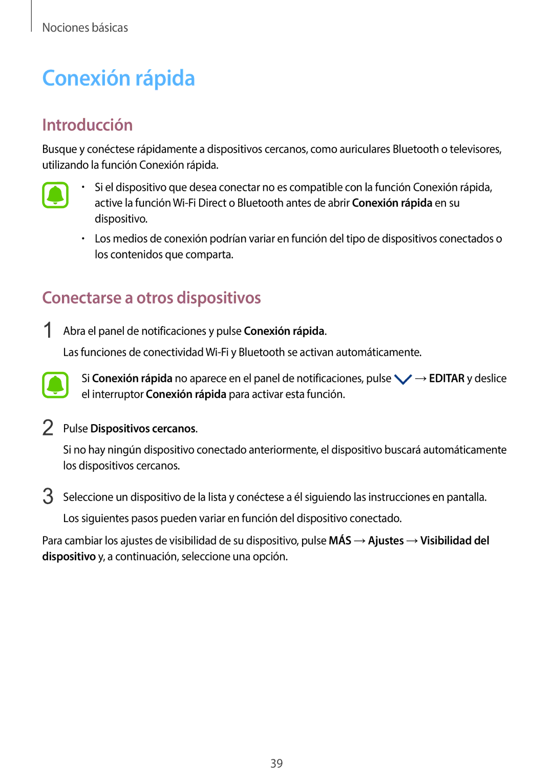 Samsung SM-G920FZKAPHE manual Conexión rápida, Conectarse a otros dispositivos, Pulse Dispositivos cercanos 