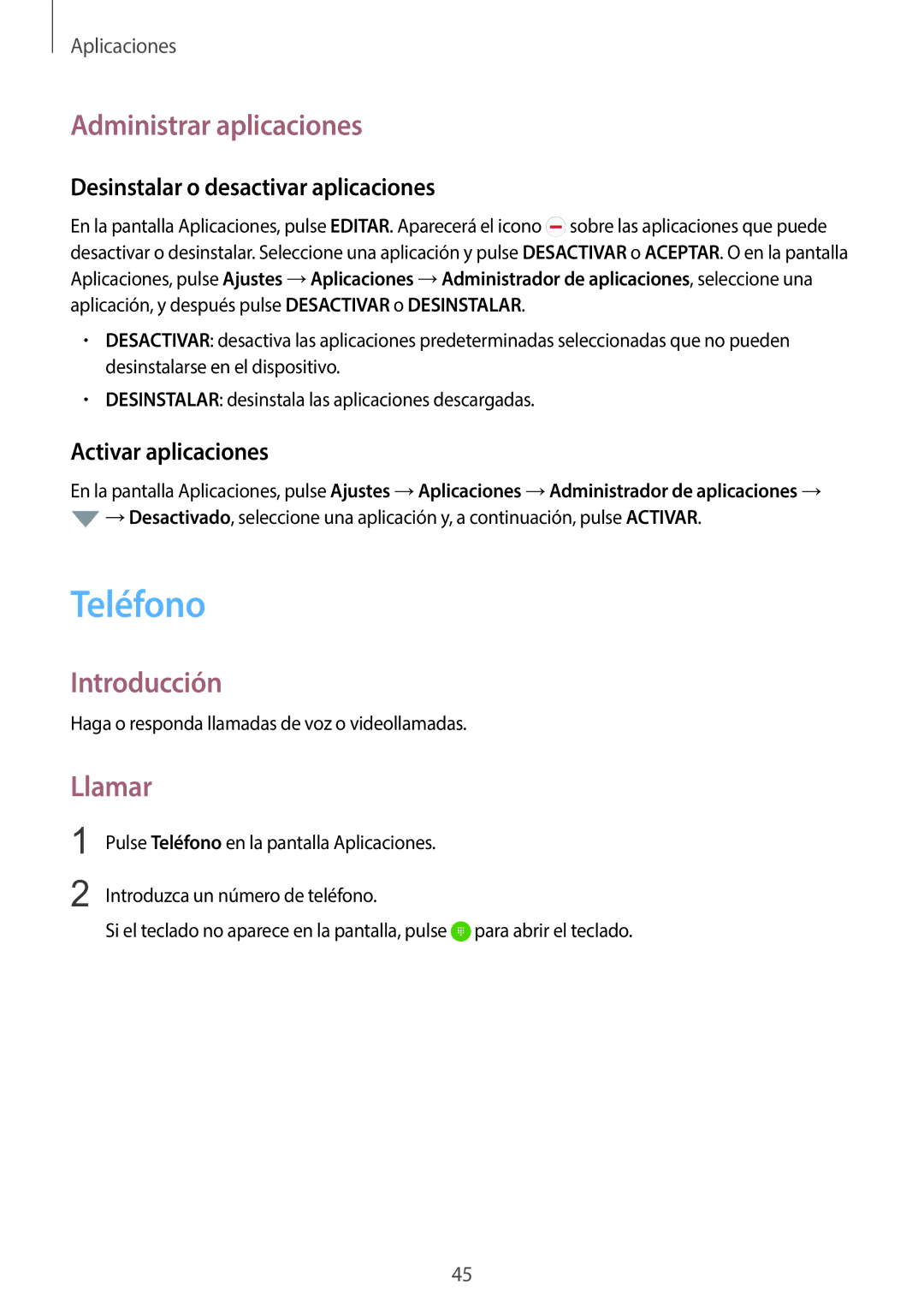 Samsung SM-G920FZKAPHE manual Teléfono, Administrar aplicaciones, Llamar, Desinstalar o desactivar aplicaciones 