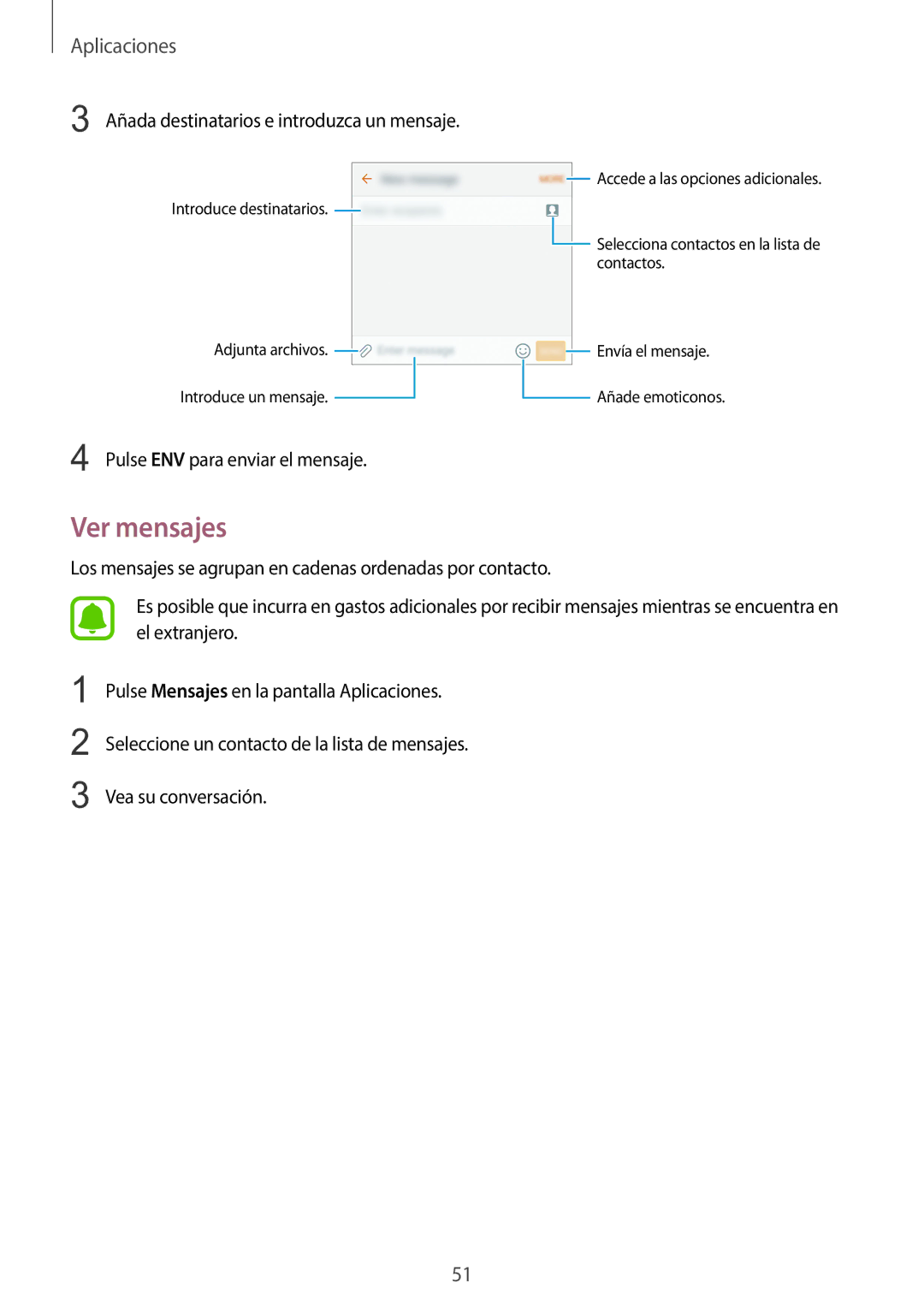 Samsung SM-G920FZKAPHE manual Ver mensajes, Añada destinatarios e introduzca un mensaje 