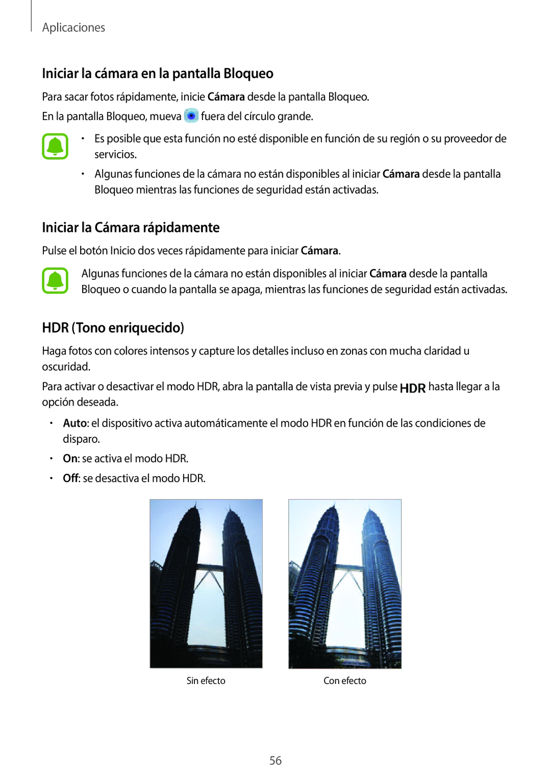 Samsung SM-G920FZKAPHE manual Iniciar la cámara en la pantalla Bloqueo, Iniciar la Cámara rápidamente, HDR Tono enriquecido 