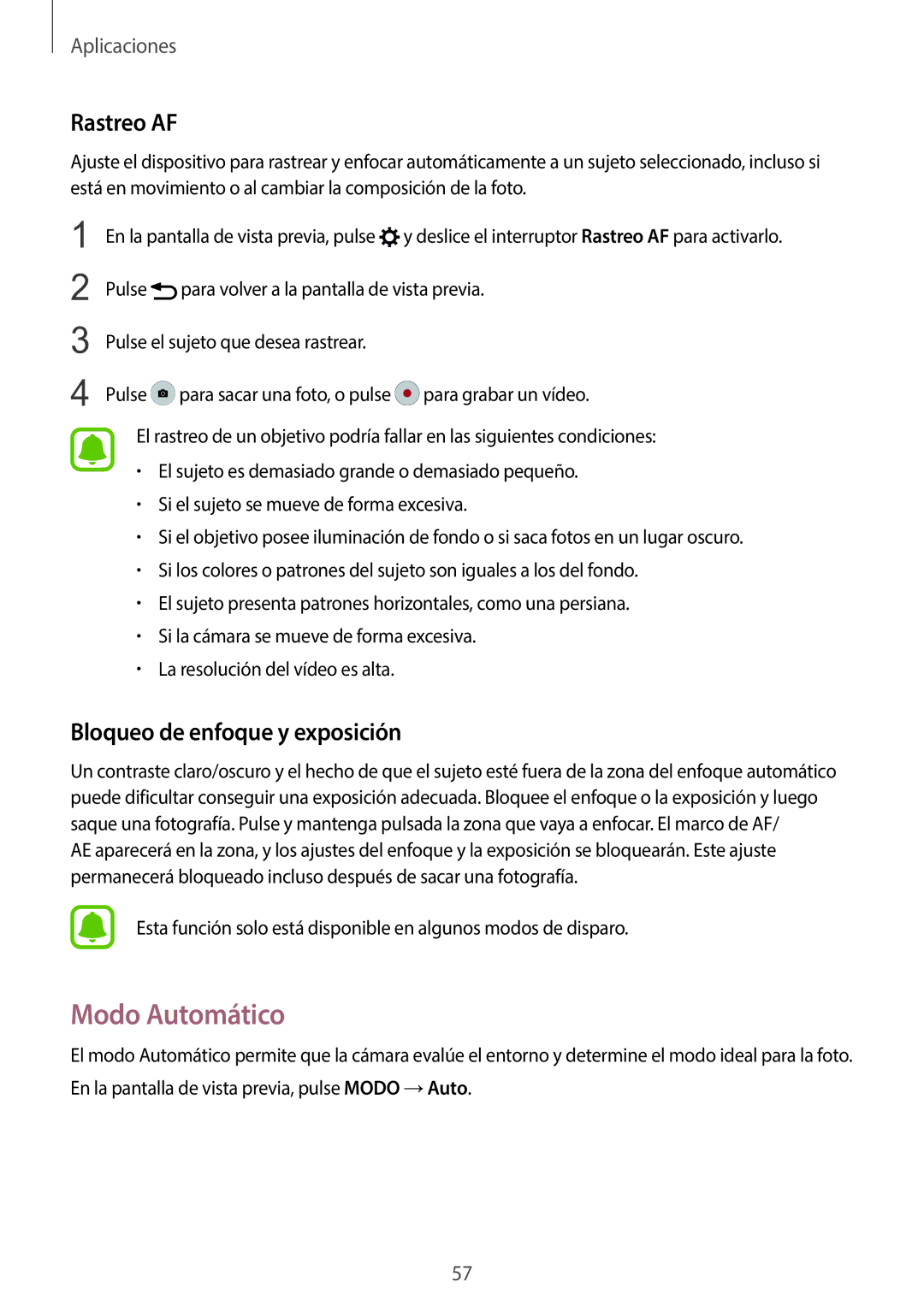 Samsung SM-G920FZKAPHE manual Modo Automático, Rastreo AF, Bloqueo de enfoque y exposición 