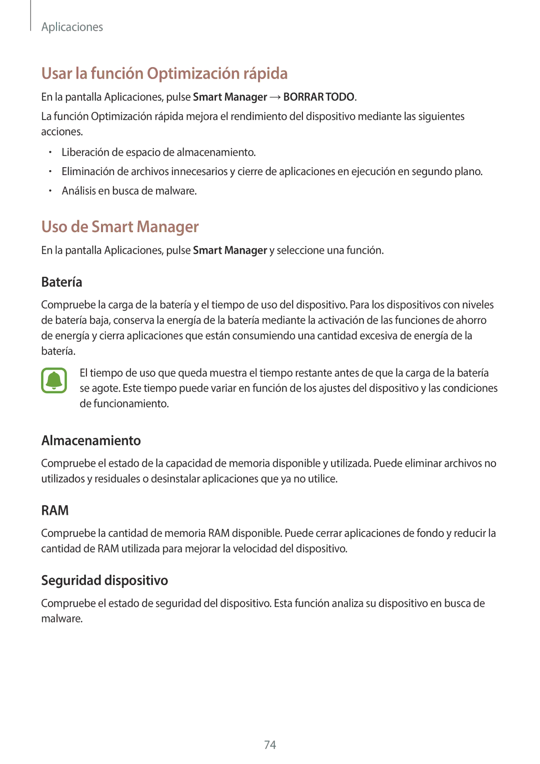 Samsung SM-G920FZKAPHE manual Usar la función Optimización rápida, Uso de Smart Manager, Batería, Almacenamiento 
