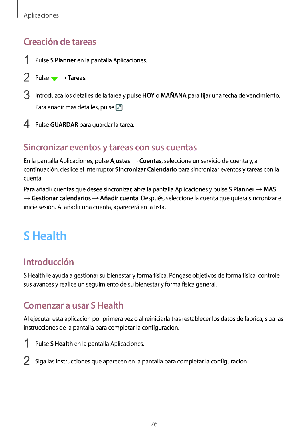 Samsung SM-G920FZKAPHE Creación de tareas, Sincronizar eventos y tareas con sus cuentas, Comenzar a usar S Health 