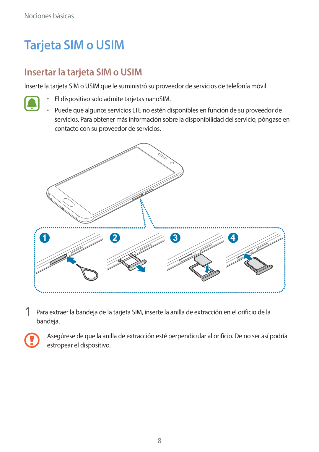 Samsung SM-G920FZKAPHE manual Tarjeta SIM o Usim, Insertar la tarjeta SIM o Usim 