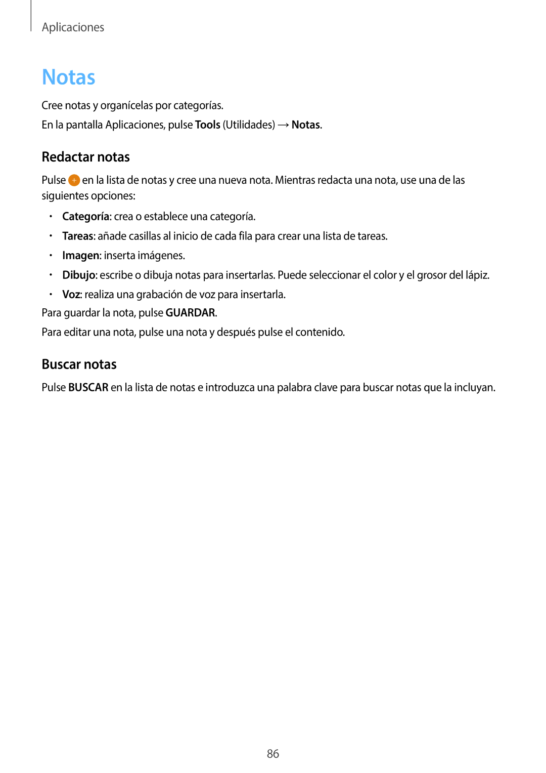 Samsung SM-G920FZKAPHE manual Notas, Redactar notas, Buscar notas 