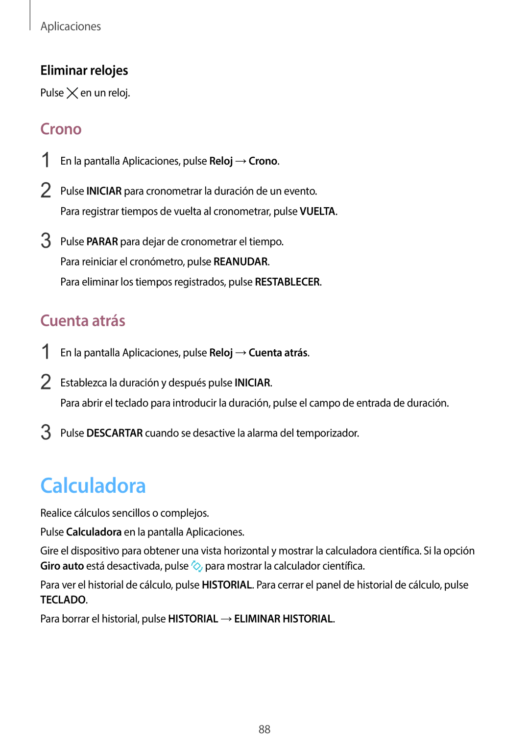 Samsung SM-G920FZKAPHE manual Calculadora, Crono, Cuenta atrás, Eliminar relojes 