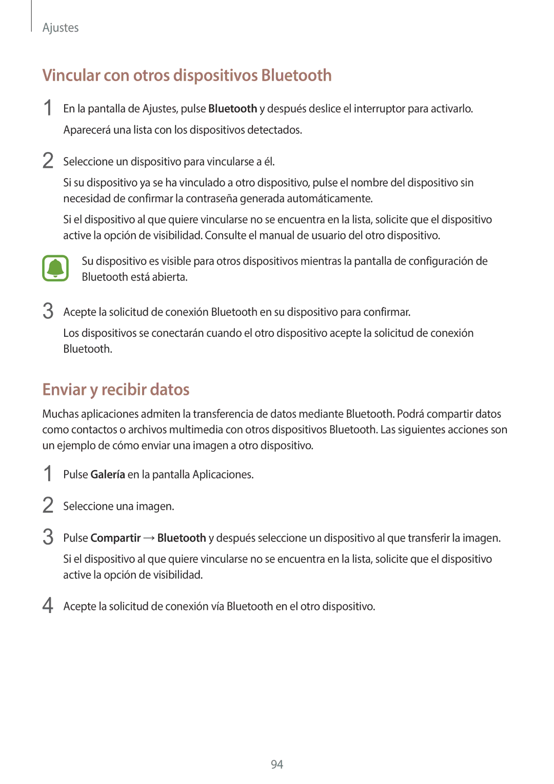 Samsung SM-G920FZKAPHE manual Vincular con otros dispositivos Bluetooth, Enviar y recibir datos 