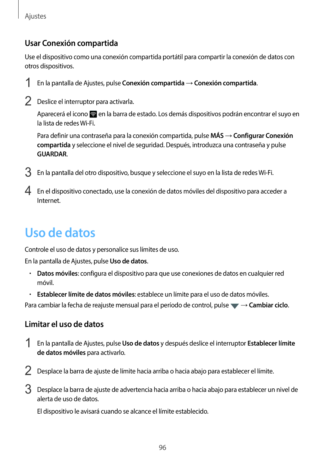 Samsung SM-G920FZKAPHE manual Uso de datos, Usar Conexión compartida, Limitar el uso de datos 