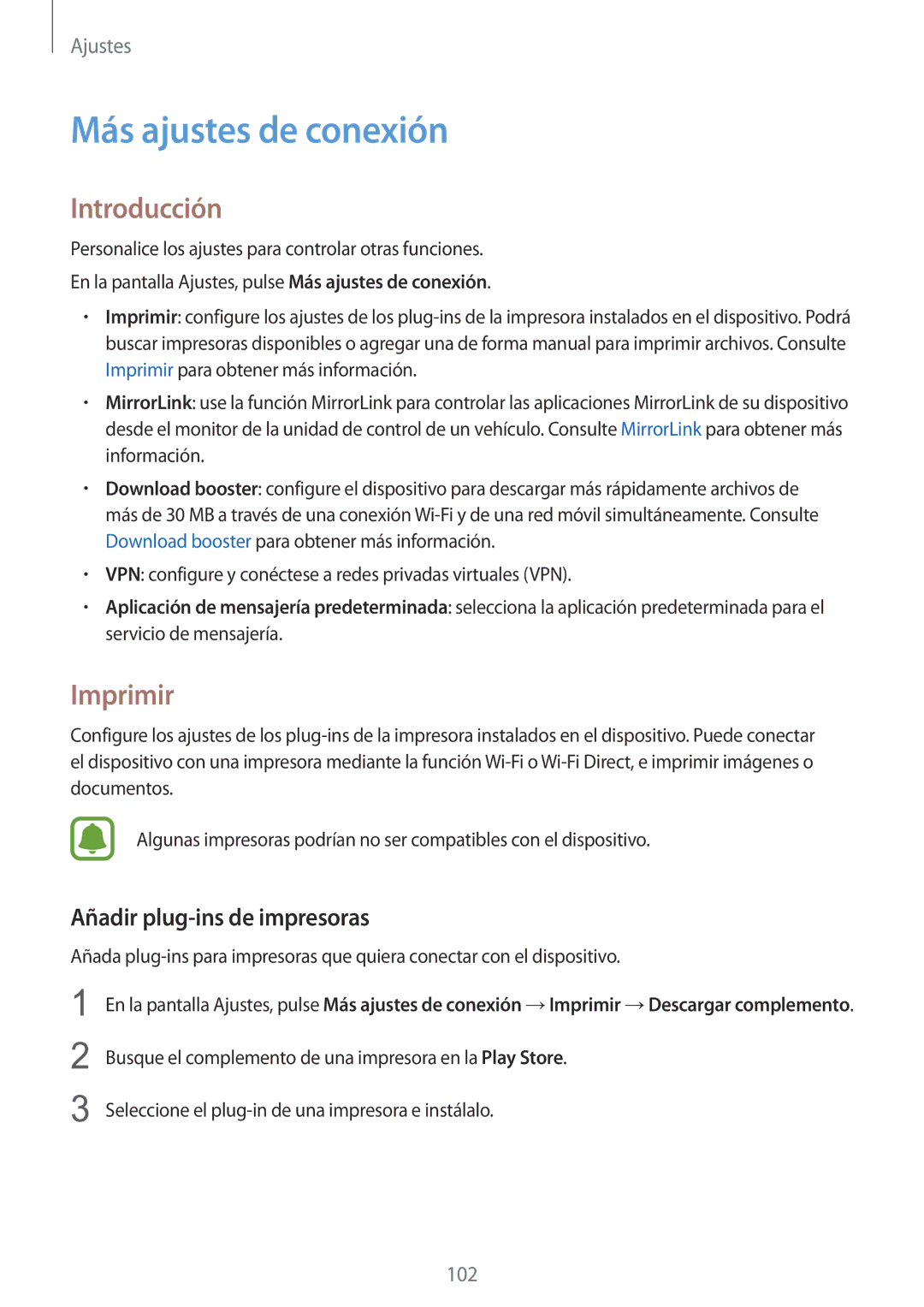 Samsung SM-G920FZKAPHE manual Más ajustes de conexión, Imprimir, Añadir plug-ins de impresoras 