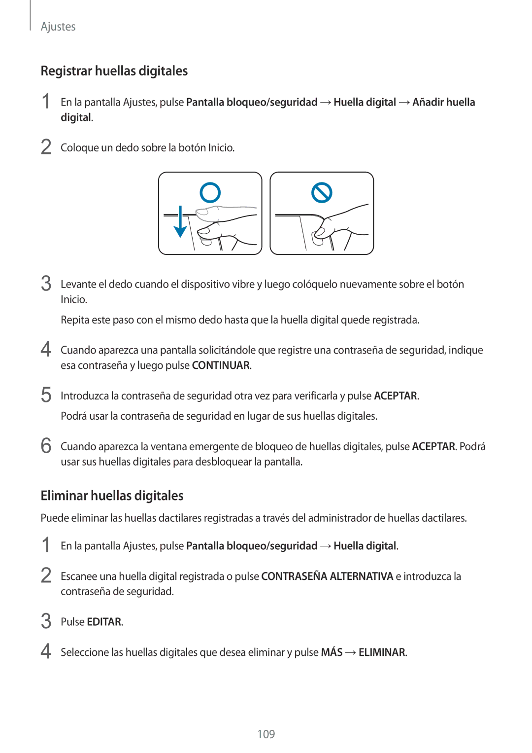 Samsung SM-G920FZKAPHE manual Registrar huellas digitales, Eliminar huellas digitales 