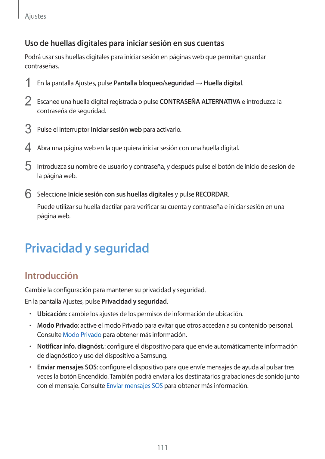 Samsung SM-G920FZKAPHE manual Privacidad y seguridad, Uso de huellas digitales para iniciar sesión en sus cuentas 