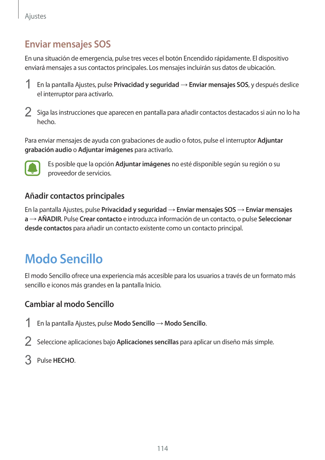 Samsung SM-G920FZKAPHE manual Modo Sencillo, Enviar mensajes SOS, Añadir contactos principales, Cambiar al modo Sencillo 