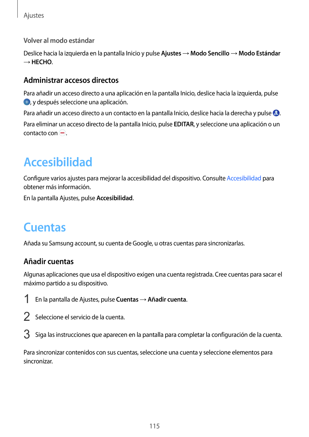 Samsung SM-G920FZKAPHE manual Accesibilidad, Cuentas, Administrar accesos directos, Añadir cuentas 