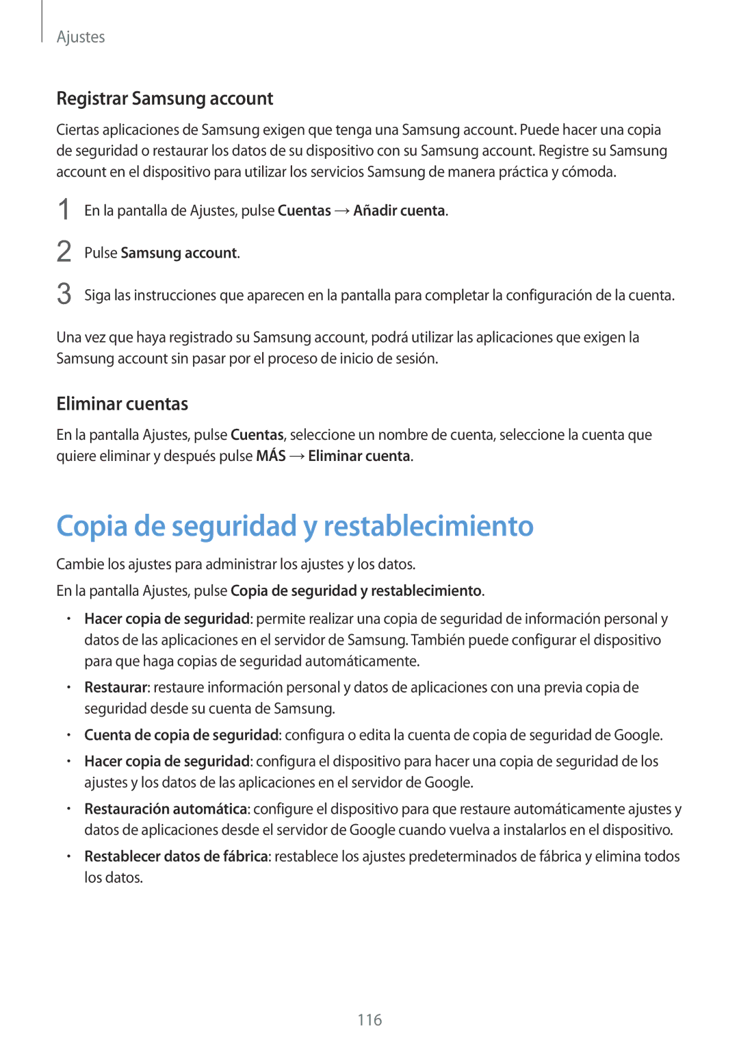 Samsung SM-G920FZKAPHE manual Copia de seguridad y restablecimiento, Registrar Samsung account, Eliminar cuentas 