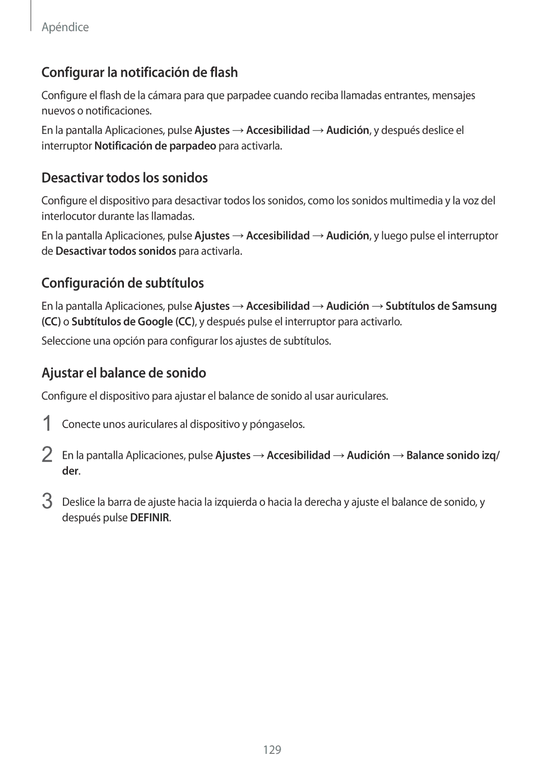 Samsung SM-G920FZKAPHE Configurar la notificación de flash, Desactivar todos los sonidos, Configuración de subtítulos 