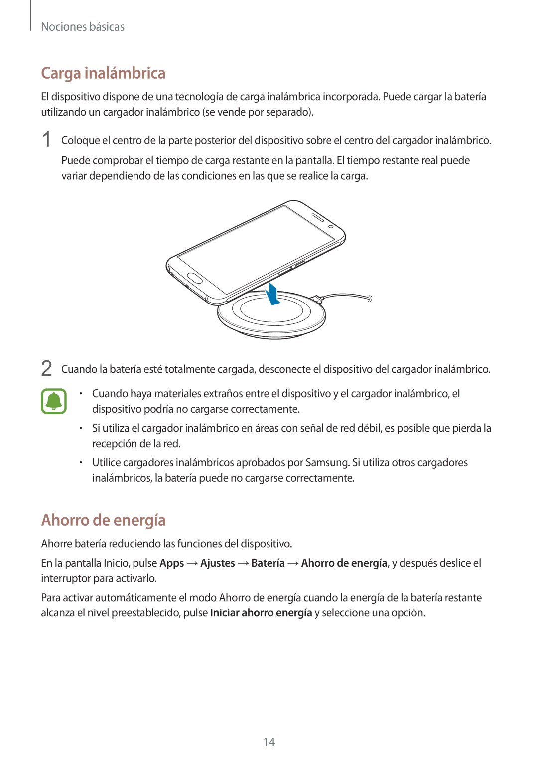 Samsung SM-G920FZKAPHE manual Carga inalámbrica, Ahorro de energía 