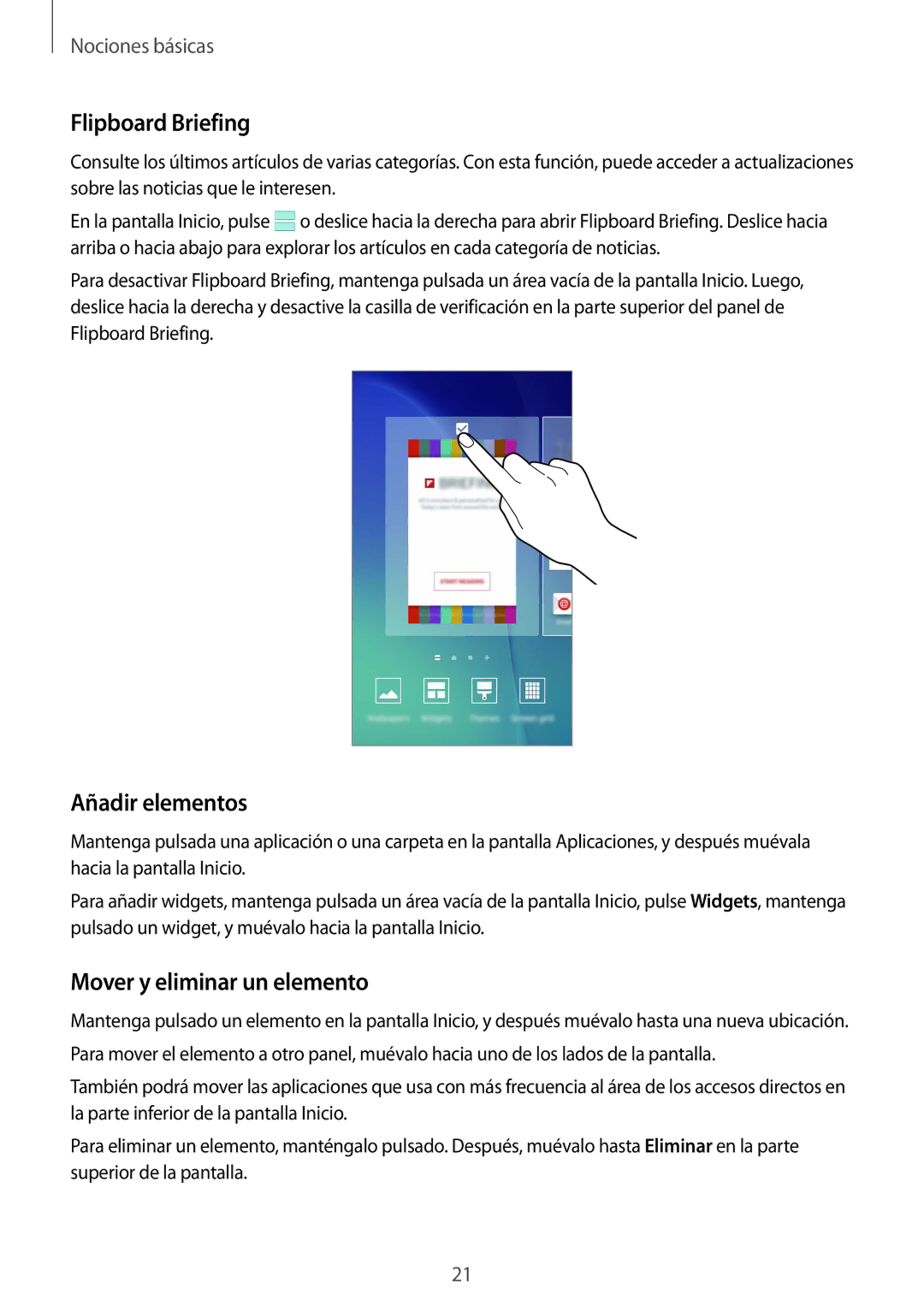 Samsung SM-G920FZKAPHE manual Flipboard Briefing, Añadir elementos, Mover y eliminar un elemento 