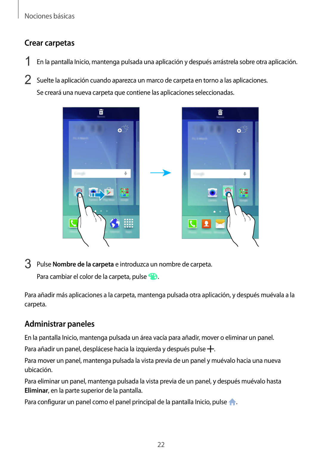 Samsung SM-G920FZKAPHE manual Crear carpetas, Administrar paneles 