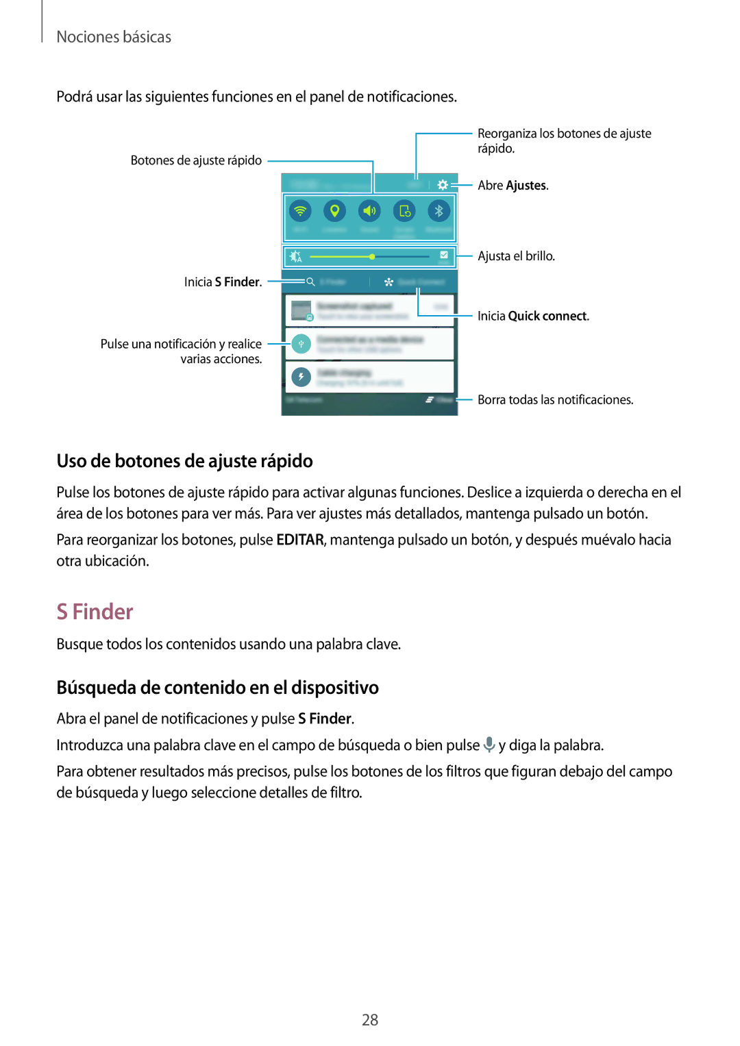 Samsung SM-G920FZKAPHE manual Finder, Uso de botones de ajuste rápido, Búsqueda de contenido en el dispositivo 