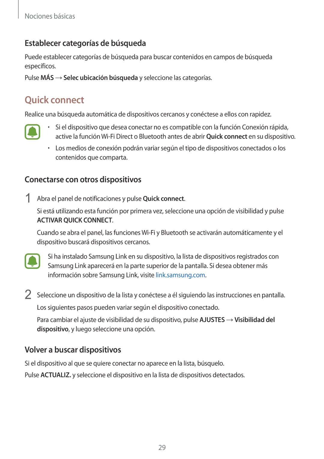 Samsung SM-G920FZKAPHE manual Quick connect, Establecer categorías de búsqueda, Conectarse con otros dispositivos 