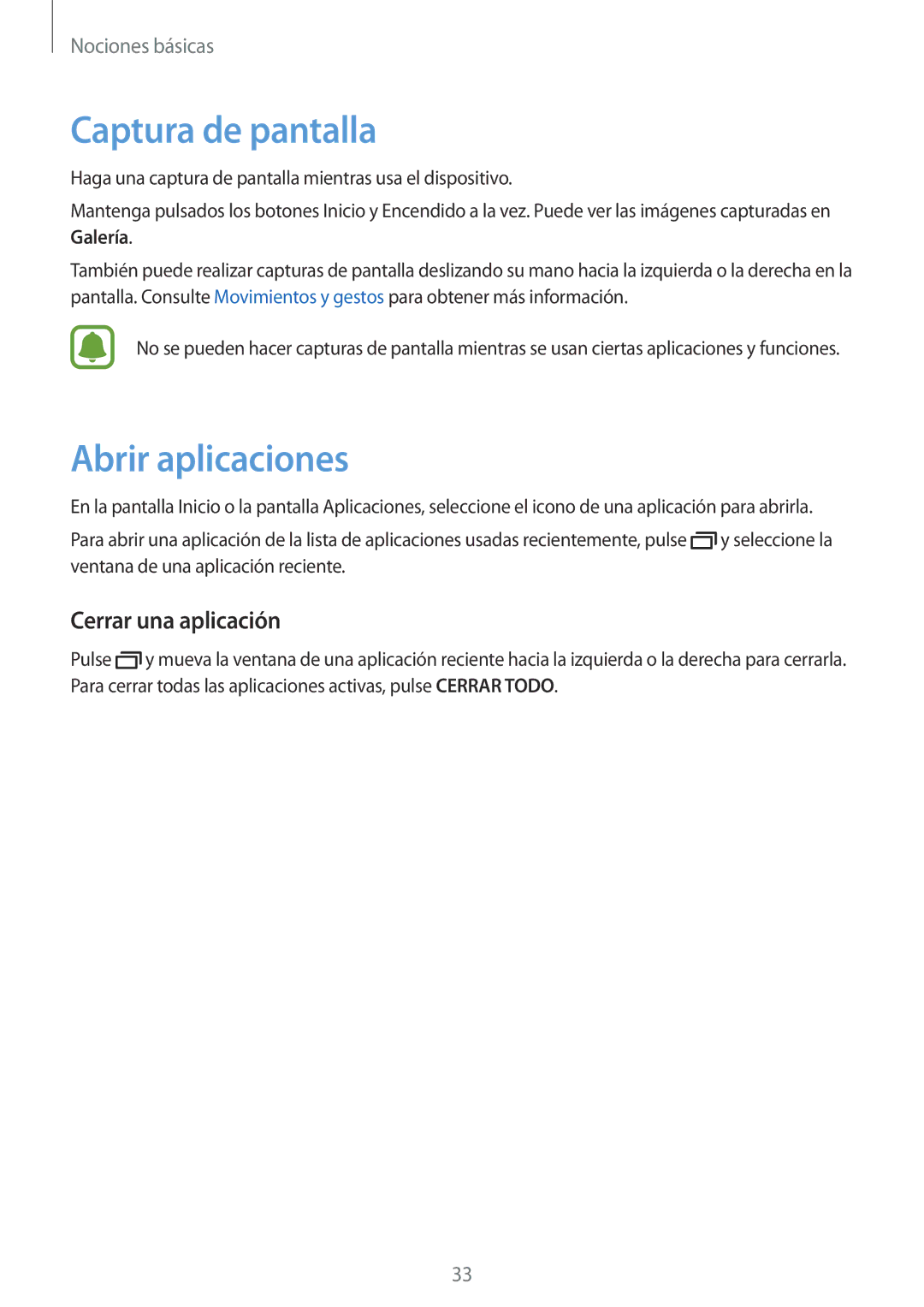 Samsung SM-G920FZKAPHE manual Captura de pantalla, Abrir aplicaciones, Cerrar una aplicación 