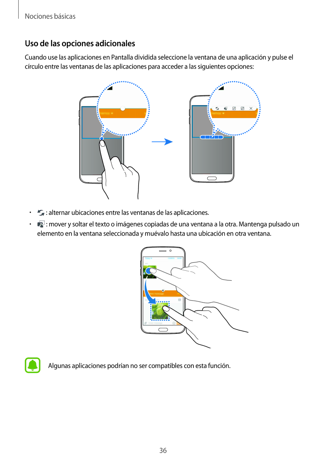 Samsung SM-G920FZKAPHE manual Uso de las opciones adicionales, Alternar ubicaciones entre las ventanas de las aplicaciones 