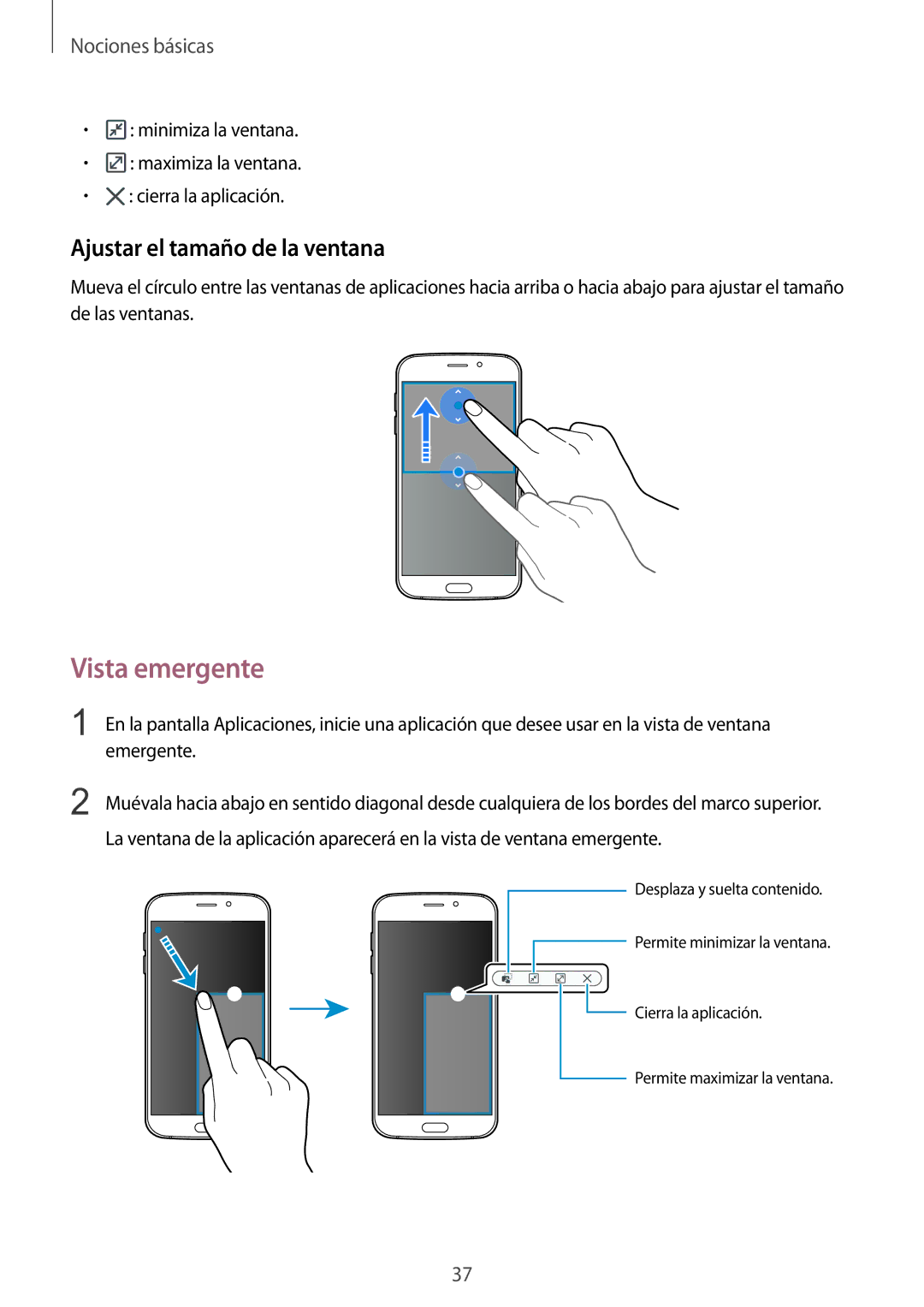 Samsung SM-G920FZKAPHE manual Vista emergente, Ajustar el tamaño de la ventana 