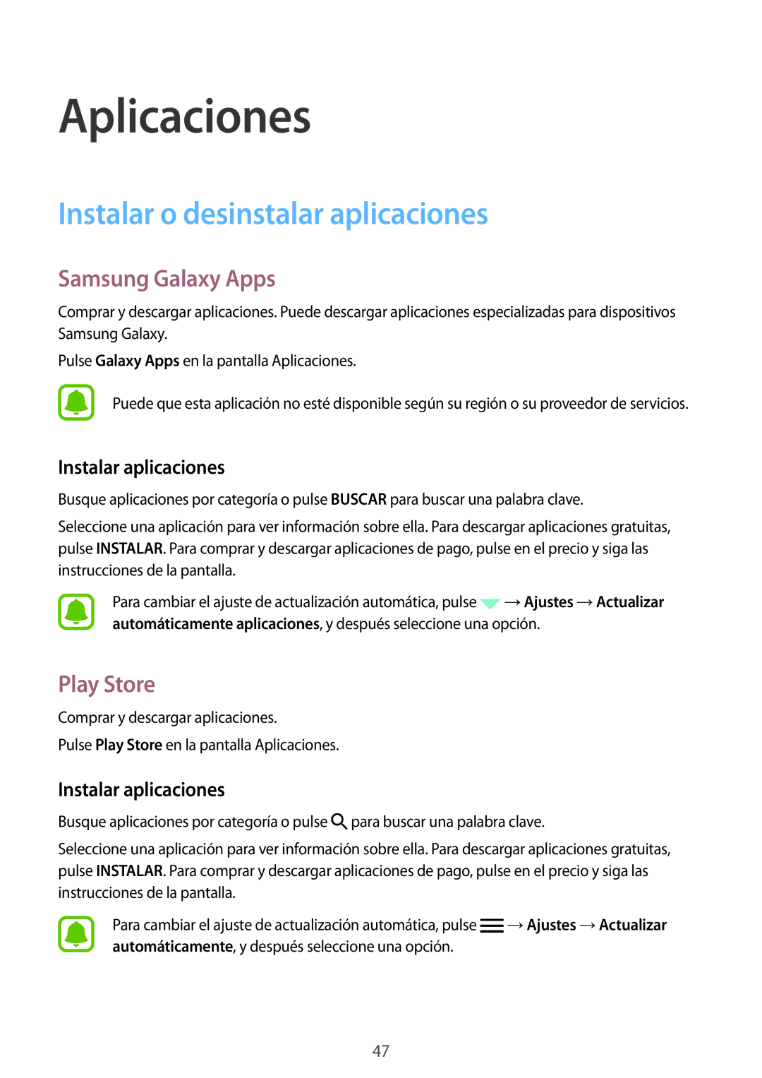 Samsung SM-G920FZKAPHE manual Instalar o desinstalar aplicaciones, Samsung Galaxy Apps, Play Store, Instalar aplicaciones 