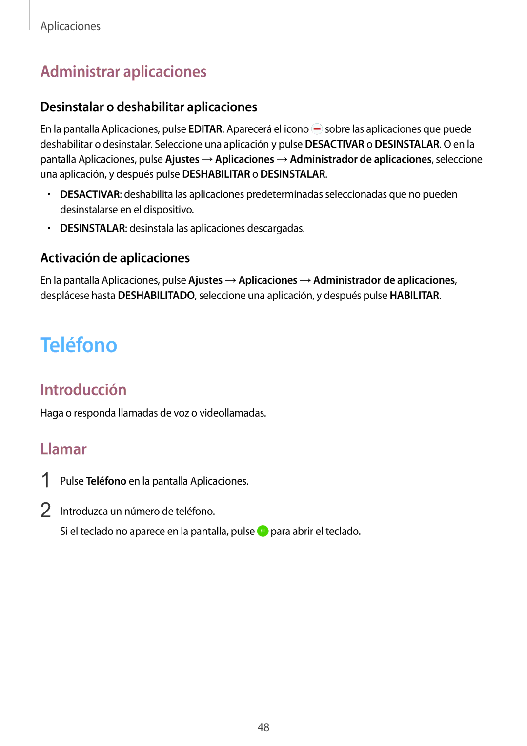 Samsung SM-G920FZKAPHE manual Teléfono, Administrar aplicaciones, Llamar, Desinstalar o deshabilitar aplicaciones 